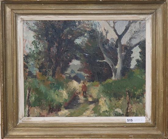 Ronald Ossory Dunlop (1874-1973), oil on canvas, Path to the downs, Leger & Son Exhibition label dated 1949,